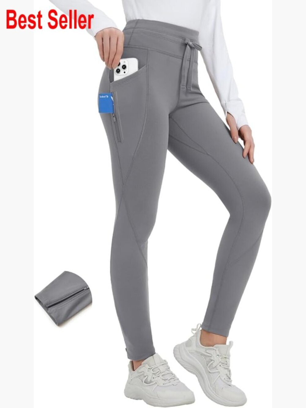 Thermal Fleece Lined Leggings with Pockets Ankle Zip Reflective Water Resistant
